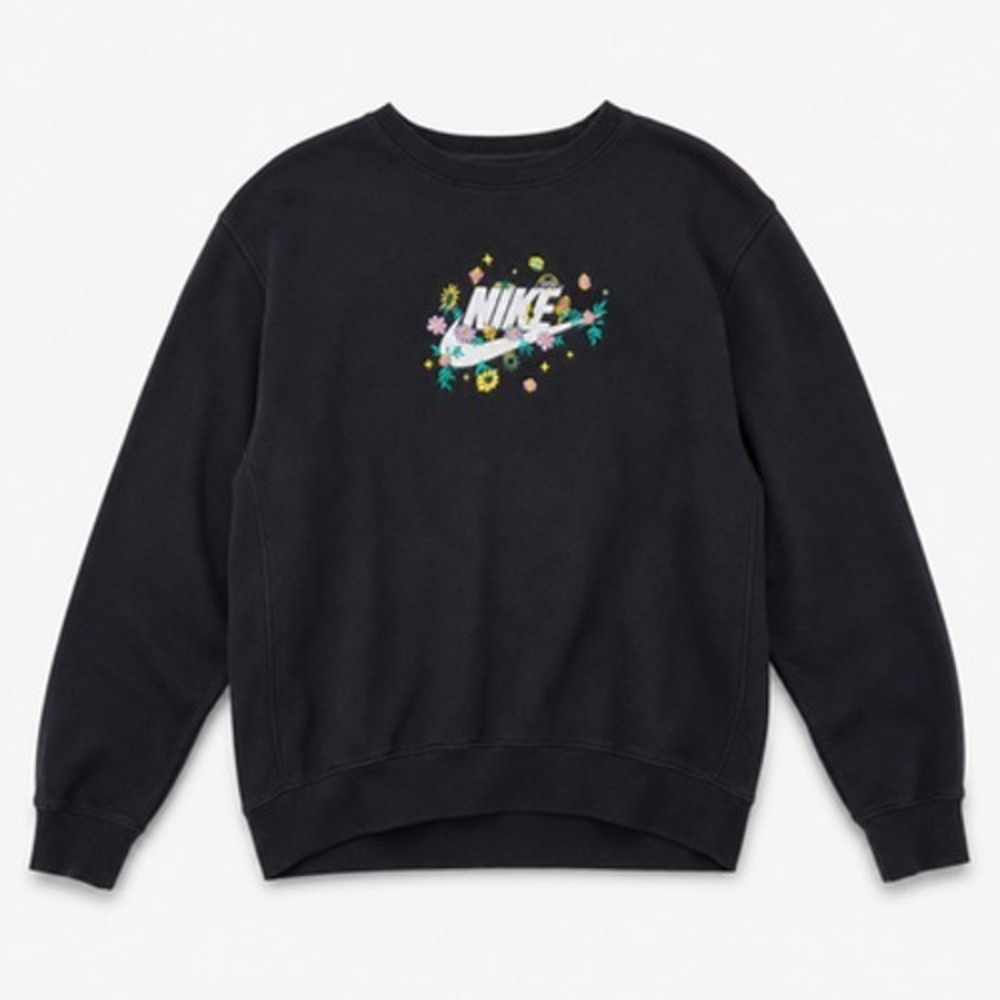 Nike Floral Logo Sweatshirt‎ Mens L Black Embroidered Fleece Crewneck